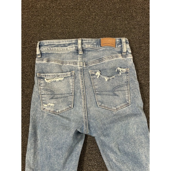 American Eagle Super Hi Rose Flare Distressed Blue Jeans Womens Size 0 Regular - Picture 9 of 9